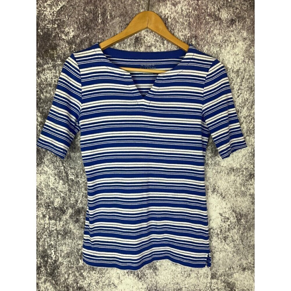 The Talbots Tee‎ Women's xs V Neck Blue White Stripe Coastal Casual Top Blouse